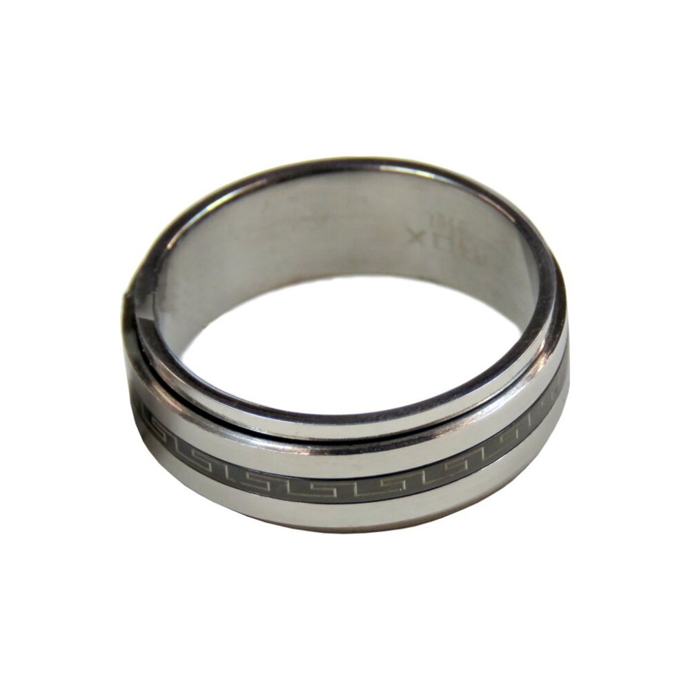 Inox Men's Stainless Steel Ring with Greek Key on Black Field Accent